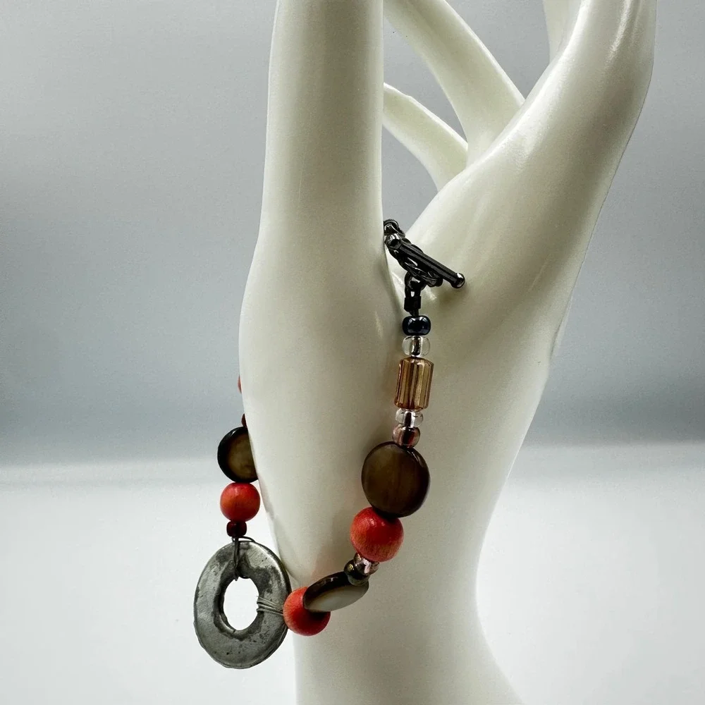 Vintage Boho Beaded Stretch Bracelet Red Wood Mother Of Pearl Shell Ring‎ Charm